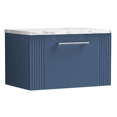 Retro Drawer Wall Hung Vanity Unit with Carrera Marble Laminate Worktop - 600mm - Satin Blue - B