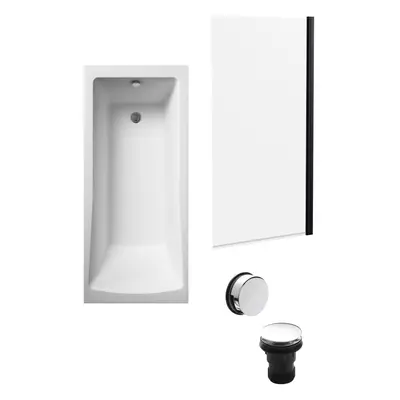 Square Single Ended Bath, Square Black Bath Screen and Chrome Waste - x 700mm