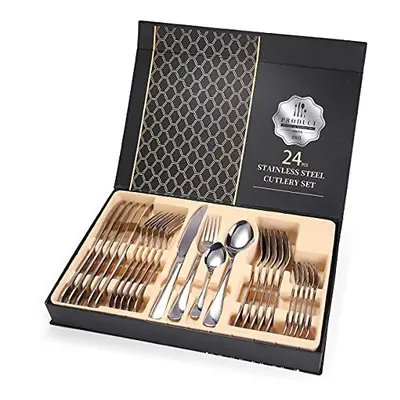 Cutlery Sets?24 Pieces Stainless Steel Flatware Set with Gift Box, Elegant Knife Fork Spoon Set 