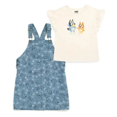 Bluey Bingo Chloe Floral Little Girls Vintage Wash Denim Overall Dress and T-Shirt Outfit Set Bl