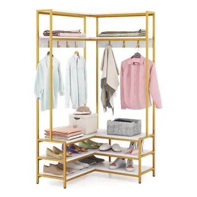 Corner Garment Rack L-shaped Clothes Rack w/ Open Shelves-White