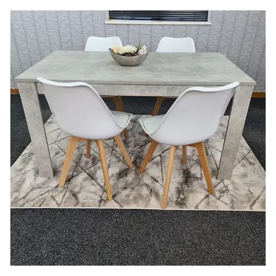 Dining Table and Chairs Stone Grey Effect Wood Table White Plastic Leather Chairs Dining Room