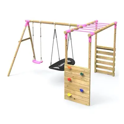 (Double Swing Sage, Pink) Rebo Wooden Garden Children's Swing Set with Extra-Long Monkey Bars