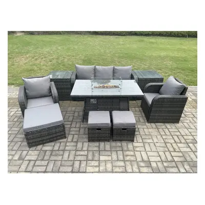 Fimous Wicker Rattan Garden Furniture Sofa set Gas Fire Pit Dining Table Indoor Outdoor with Sid