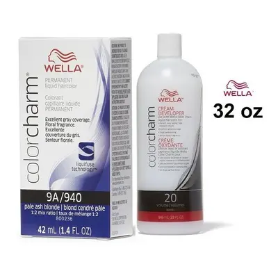 (9A+Dev(Vol.20)32oz) Wella 9A Pale Ash Blonde Color Charm Permanent Liquid Haircolor & Developer