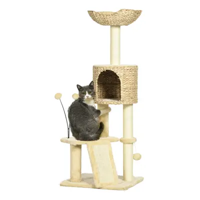 PawHut 116cm Cat Tree Tower w/ Scratching Post, Cat House, Ball, Platform, Beige