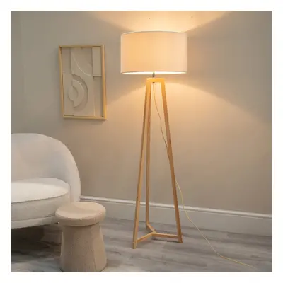 ValueLights Lottie Cream Boucle Natural Wood Tripod Floor Lamp & Bulb