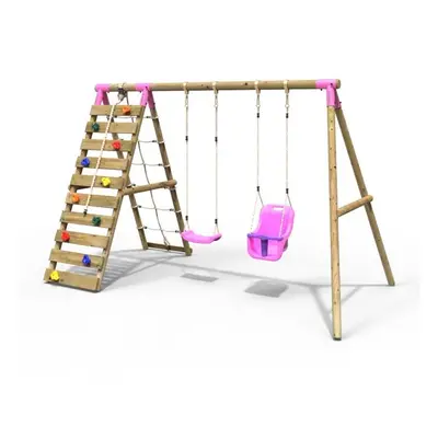 (Kai, Pink) Rebo Wooden Swing Set with Up and Over Climbing Wall