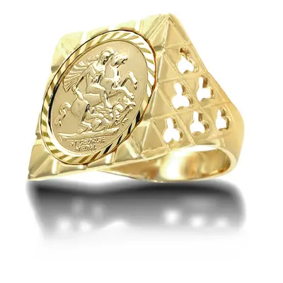 (Q) Jewelco London Men's Solid 9ct Gold Clubs Clovers Square Top St George & Dragon Medallion Ri