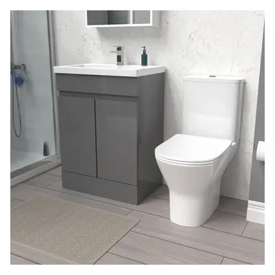 Nes Home 600mm Steel Grey Basin Vanity Unit & Rimless Close Coupled Toilet