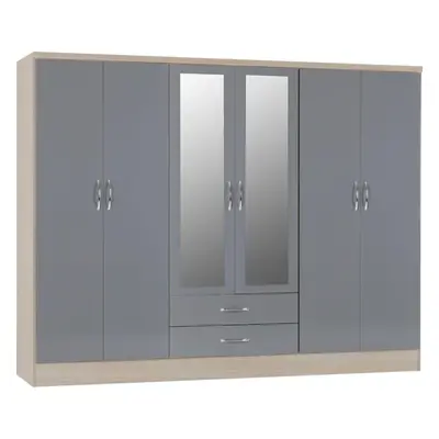 Nevada Door Drawer Mirrored Wardrobe in Grey Gloss and Oak Effect Finish