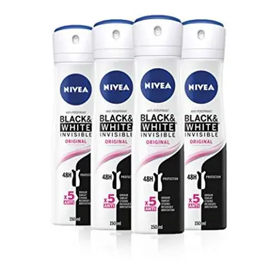 NIVEA Black & White Invisible Original Anti-Perspirant Deodorant Spray Pack of (4 x 150ml), 48hr