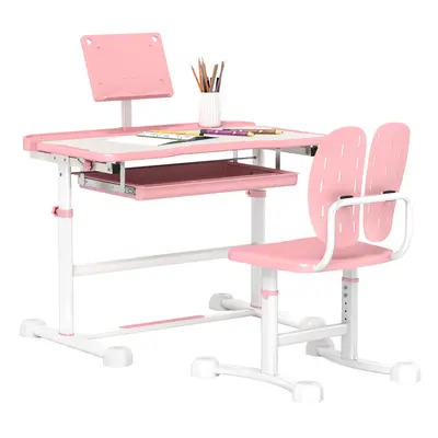 AIYAPLAY Height Adjustable Kids Desk and Chair Set w/ Tilted Desktop, Pink