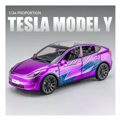 (Model Y Purple) 1:24 Tesla Model Y With Charging Pile Alloy Car Model Diecast Metal Toy Simulat