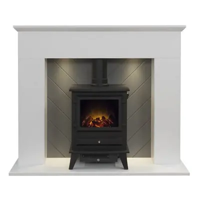 Adam Corinth Stove Fireplace in Pure White & Grey with Downlights & Hudson Electric Stove in Bla