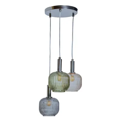 Retro Way Brushed Chrome Ceiling Light Fitting with Hanging Coloured Ribbed Glass Shades - Compl