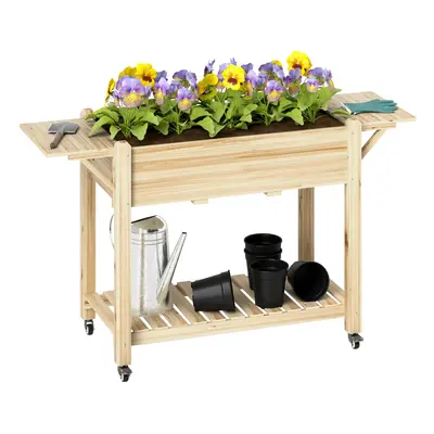 Outsunny Wooden Raised Planter with Lockable Wheels, Liner, Natural