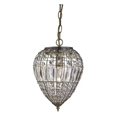 PENDANT LIGHT ANTIQUE BRASS, CLEAR GLASS BUTTONS/COFFIN DROP TRIM