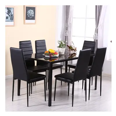 Set of Modern Faux Leather Dining Chairs and Tempered Glass Table