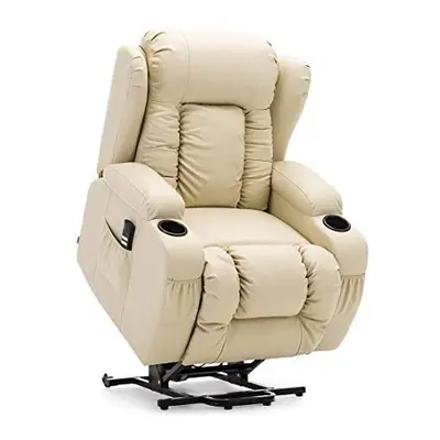 (Cream) Caesar Electric Dual Rise Recliner Winged Leather Armchair Massage Heated Lounge Chair