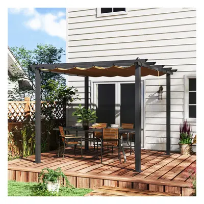 Outsunny x 3(m) Aluminium Pergola with Retractable Roof, Garden Gazebo Khaki