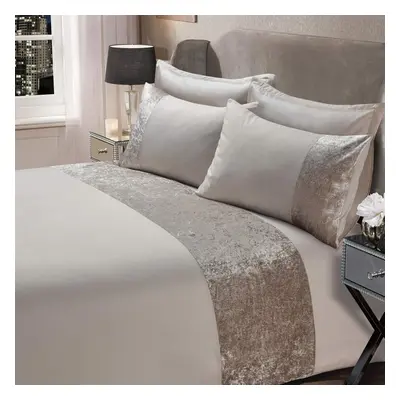 (Double, Natural Champagne) Crushed Velvet Panel Band Duvet Cover with Pillow Case Bedding Set -