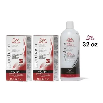 (6RG(2)+Dev(Vol.20)32oz) Wella 6RG Light Copper Color Charm Permanent Liquid Haircolor