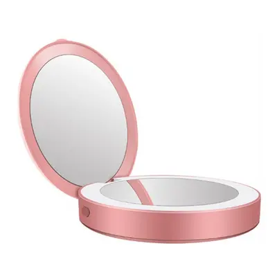 (Pink, Standard) Portable Led Mobile Power Makeup Mirror Round Makeup Mirror With Light Pocket F