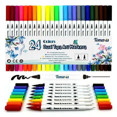 Bullet Journal 24pcs Colouring Pens, 0.4mm Felt Tip Pens Dual Tip Brush Art Markers Fineliner, W