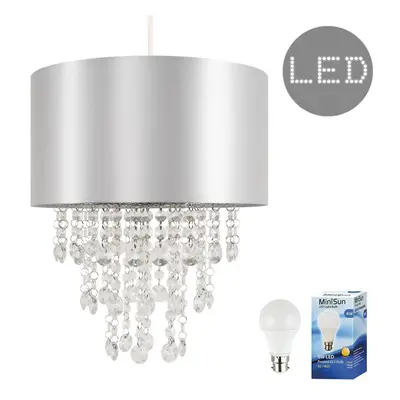 Modern Grey Cylinder Ceiling Pendant Light Shade with Clear Acrylic Jewel Effect Droplets - Comp