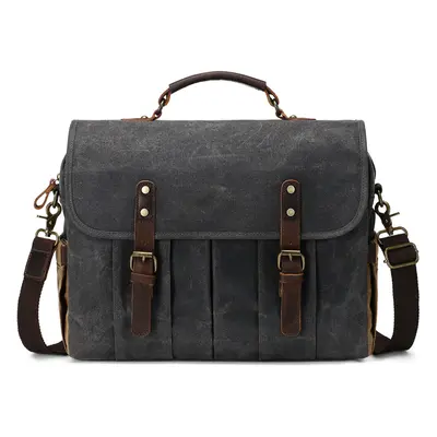 (Dark gray) Messenger Bag for Men 15.6 Inch Waterproof Vintage Genuine Leather Waxed Canvas Brie