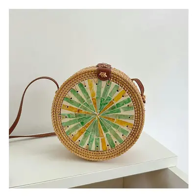 (Shell Shoulder Bags-Cai Zhu) Vietnam Aki Rattan Woven INS Wind Round Color Shell Stitching Bag 