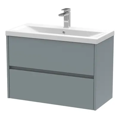 Square Wall Hung Drawer Vanity Unit & Ceramic Basin, 800mm - Matt Coastal Grey