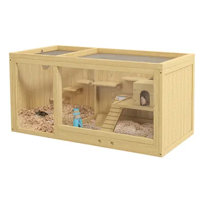 PawHut Wooden Hamster Cage with Water Bottle, Platforms, Openable Roof