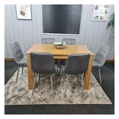 Dining Table and Chairs With Bench Oak Effect Wood Grey Velvet Chairs Dining Room