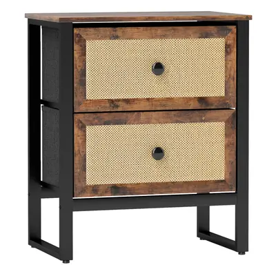 HOMCOM Bedside Table with Rattan Drawers and Steel Legs, Rustic Brown