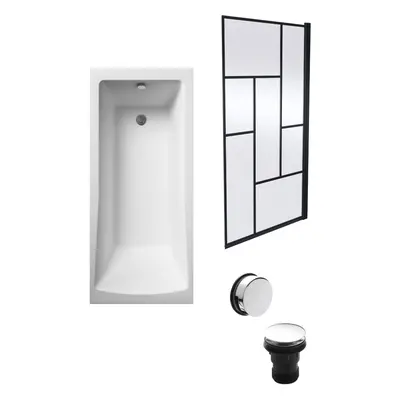 Square Single Ended Bath, Abstract Black Screen and Chrome Waste - x 700mm