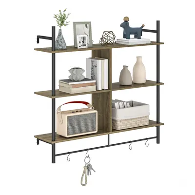 HOMCOM Wall Shelf Unit with Hooks for Living Room Grey Wood Effect