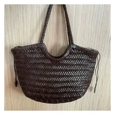 (coffee big) Top layer cow woven bag, genuine leather French vegetable basket bag