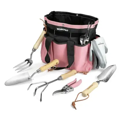 WORKPRO 7-Piece Pink Garden Tool Set, Stainless Steel Gardening Tools with Wood Handle Including