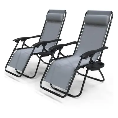 VOUNOT Set of Zero Gravity Chairs, Garden Sun Loungers with Cup and Phone Holder, Grey