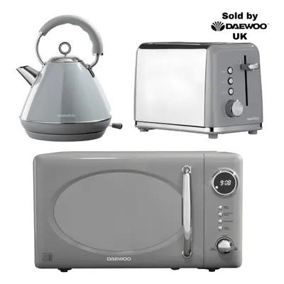 Daewoo Grey 3-Pack Kensington Collection Matching 800W Microwave Kettle and Toaster Set 2-Slice 