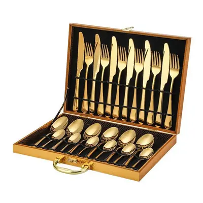 (Golden -piece wooden box) Stainless Steel Tableware -Piece Set Of Classic Tableware Four Compon