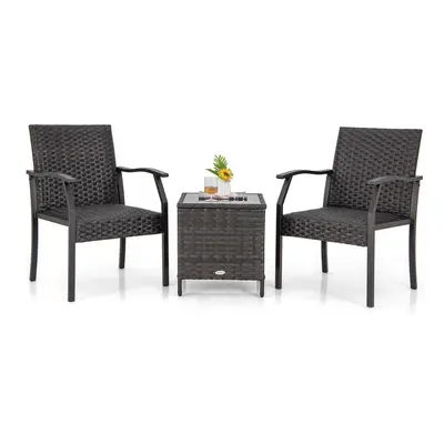 3 Piece Patio Wicker Chair Set Outdoor Rattan Conversation Set w/ Padded Seat