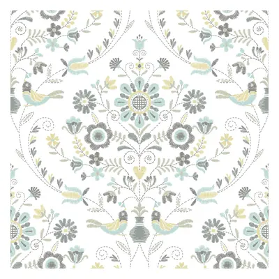 (Ochre/Turquoise) Britt Woodland Damask Vinyl Wallpaper Fine Decor