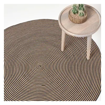 (120 cm Round, Linen and black) Handmade Woven Braided Rug