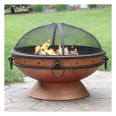 Large Round Copper Fire Pit & BBQ with Grill, Handles & Spark Screen