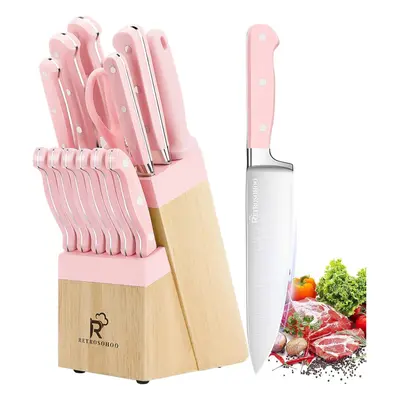 Kitchen Knife Set,14-Pieces High Carbon Stainless Steel Knife Block Set with Wood Block,Cutlery 