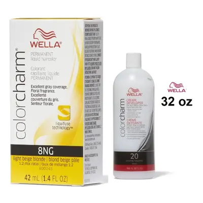 (8NG + Developer (Vol. 20) 32oz ) Wella Color Charm Haircolor 8NG Light Beige Blonde