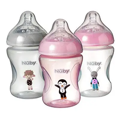 Nuby Anti Colic Baby Bottle Set with Slow Flow Easy Latch Teats. Feeding Friends Pink Decorated 